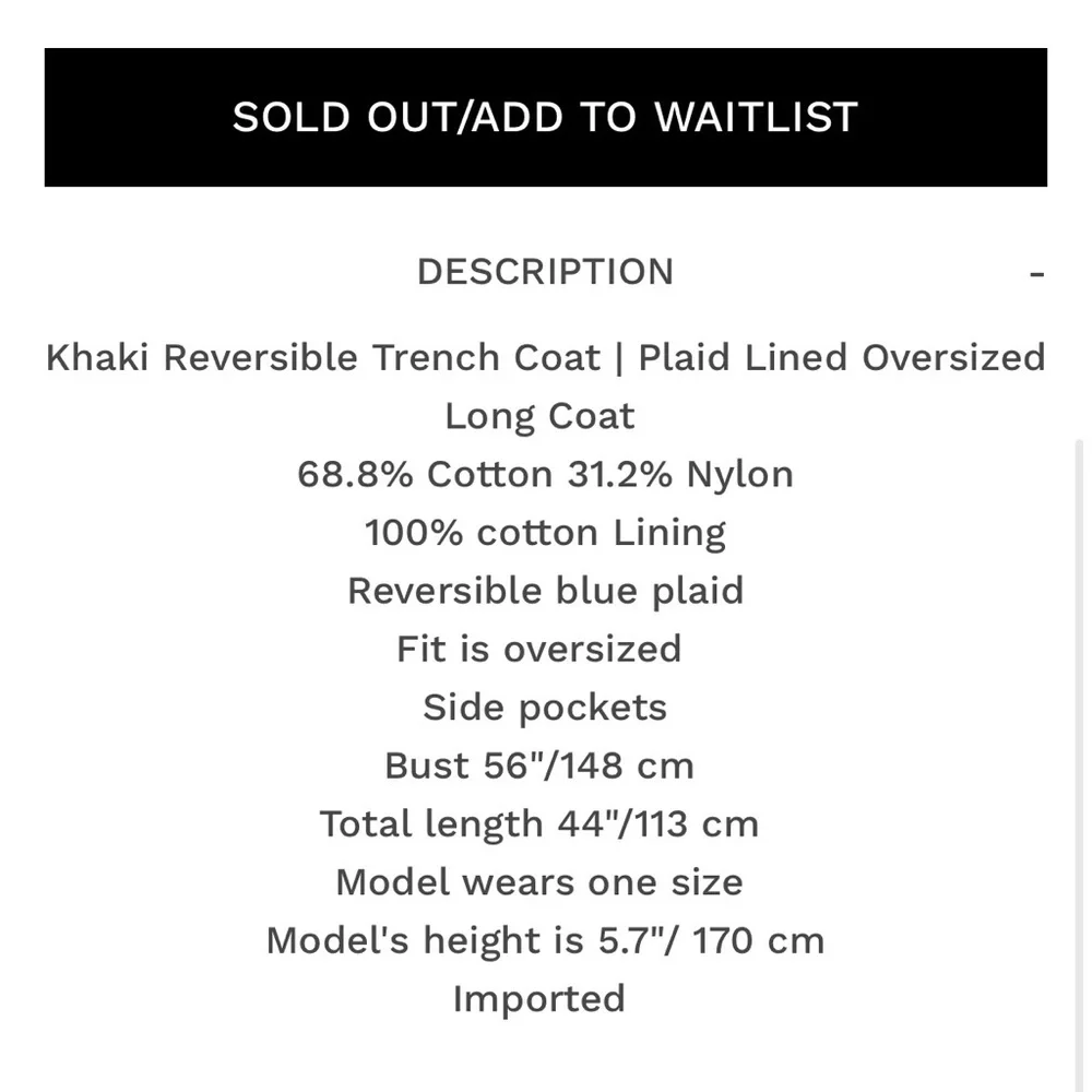 Pixie Market Reversible Khaki Trench Coat with Plaid Lining & Cuff Detail - Picture 9 of 9